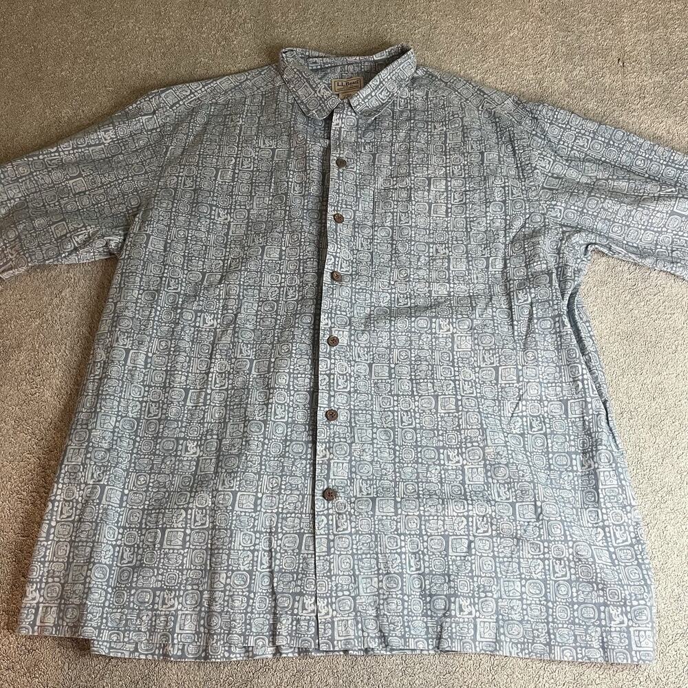 L.L. Bean Men's Large Regular Short Sleeve Button Down Shirt Blue Gray Aztec